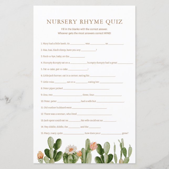Boho Cactus Baby Shower Nursery Rhyme Quiz (Front)