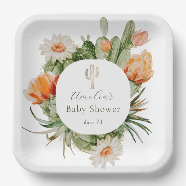 Boho Cactus Baby Shower Paper Plates (Front)