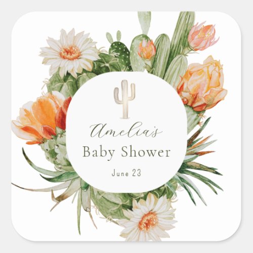 Boho Cactus Baby Shower Square Sticker