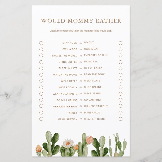 Boho Cactus Baby Shower Would Mommy Rather Game (Front)
