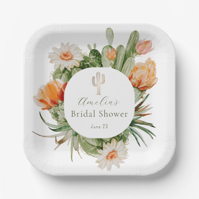 Boho Cactus Bridal Shower Paper Plates (Front)