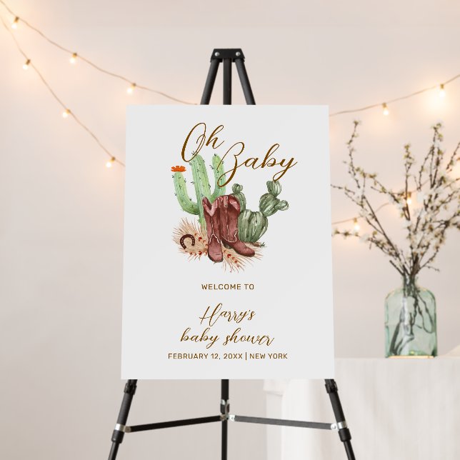 Boho Cactus Cowboy Shoes Baby Shower Welcome Sign (In Situ (Stand))
