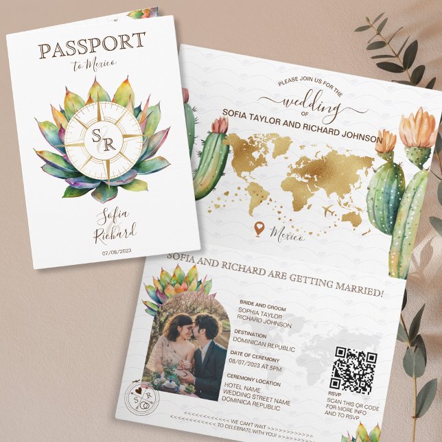 Boho Cactus Destination Wedding Passport QR Code Invitation (Creator Uploaded)