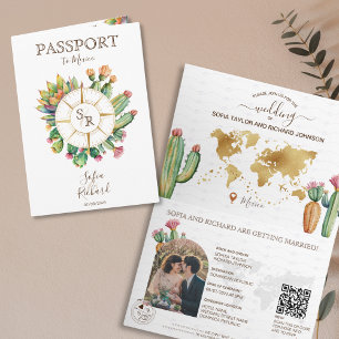 Boho Cactus Destination Wedding Passport QR Code Invitation
