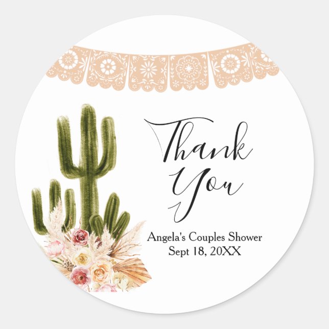 Boho Cactus Floral Bridal Shower Thank You Sticker (Front)