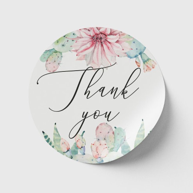 Boho Cactus Floral Wedding | Script Thank You  Classic Round Sticker (Creator Uploaded)