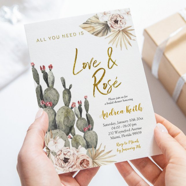 Boho Cactus Love and Rosé Bridal Shower Invitation (Creator Uploaded)