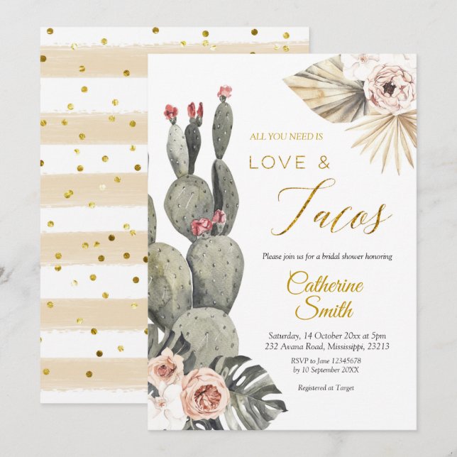 Boho Cactus Love and Tacos Bridal Shower Invitatio Invitation (Front/Back)