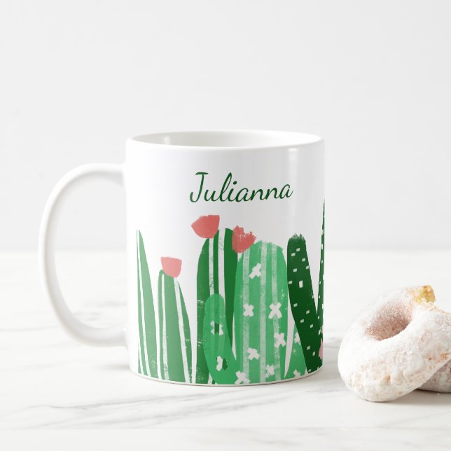 Boho Cactus Painting in Green Personalized Coffee Mug (With Donut)