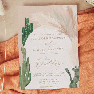 Boho cactus pampas arch beige earth tone wedding invitation