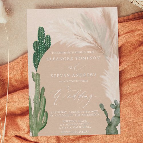 Boho cactus pampas arch beige earth tone wedding invitation