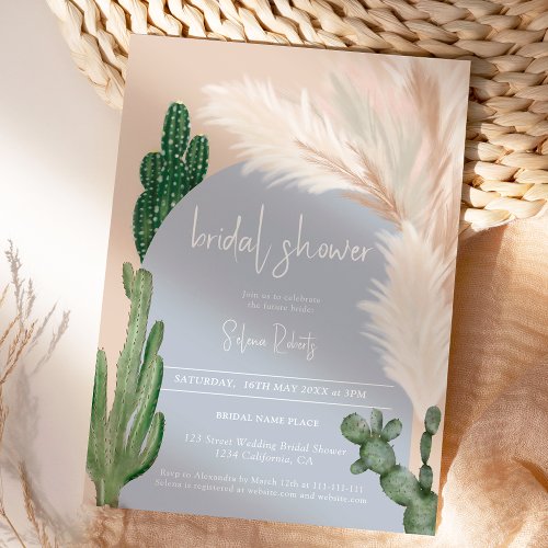 Boho cactus pampas arch blue bridal shower invitation