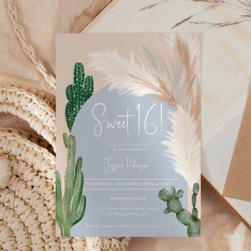 Boho cactus pampas arch blue earth tone Sweet 16 Invitation