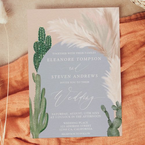 Boho cactus pampas arch blue earth tone wedding invitation