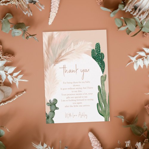Boho cactus pampas arch desert baby shower  thank you card