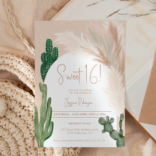 Boho cactus pampas arch earth tone Sweet 16 Invitation