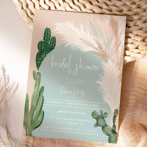 Boho cactus pampas arch green bridal shower invitation