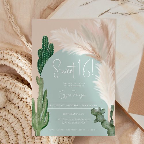 Boho cactus pampas arch green earth tone Sweet 16 Invitation