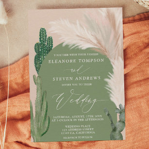 Boho cactus pampas arch green earth tone wedding invitation