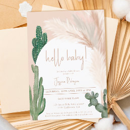 Boho cactus pampas arch hello baby shower invitation