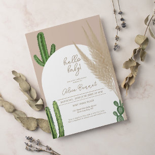 Boho cactus pampas arch hello baby shower invitation