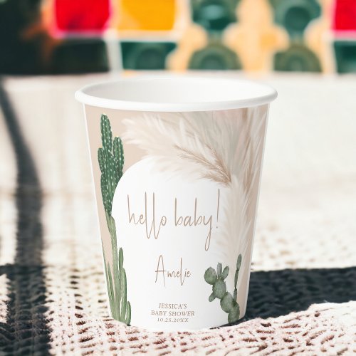Boho cactus pampas arch hello baby shower paper cups
