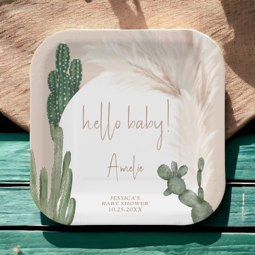 Boho cactus pampas arch hello baby shower paper plates