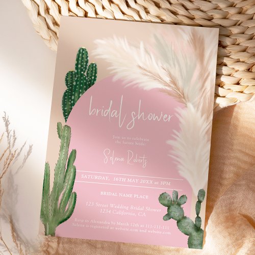 Boho cactus pampas arch pink bridal shower invitation