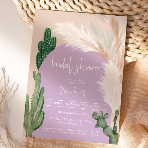 Boho cactus pampas arch purple Bridal shower Invitation