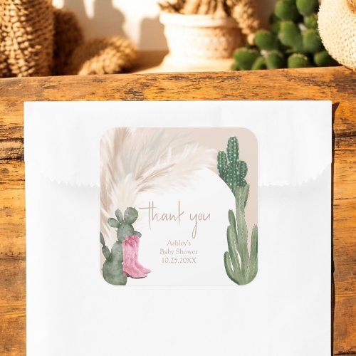 Boho cactus pampas boots desert baby shower  square sticker