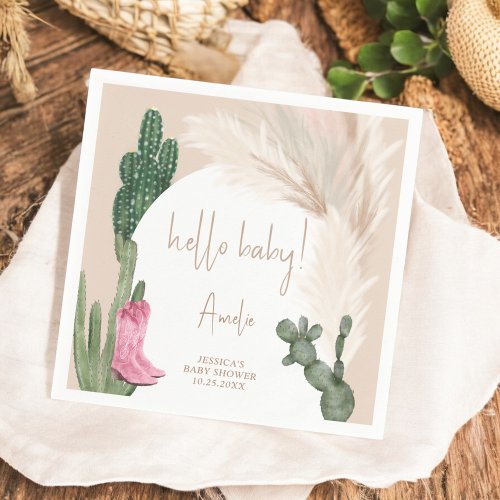 Boho cactus pampas boots hello baby shower napkins