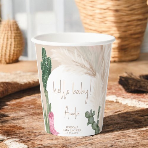 Boho cactus pampas boots hello baby shower paper cups