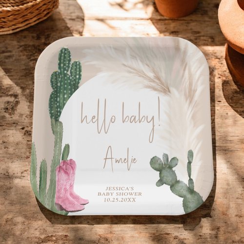 Boho cactus pampas cowboy boots hello baby shower paper plates