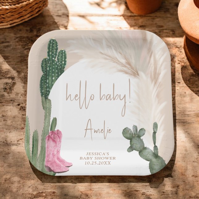 Boho cactus pampas cowboy boots hello baby shower paper plates (Boho cactus pampas cowboy boots hello baby shower paper plates)