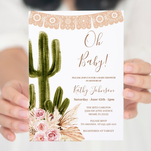 Boho Cactus Pampas Grass Baby Shower  Invitation