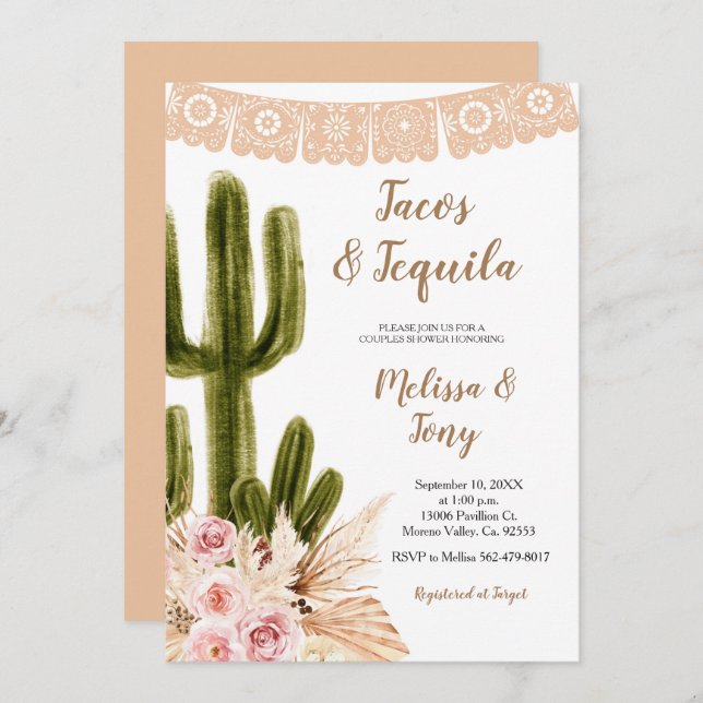 Boho Cactus Pampas Grass Couples Shower  Invitatio Invitation (Front/Back)