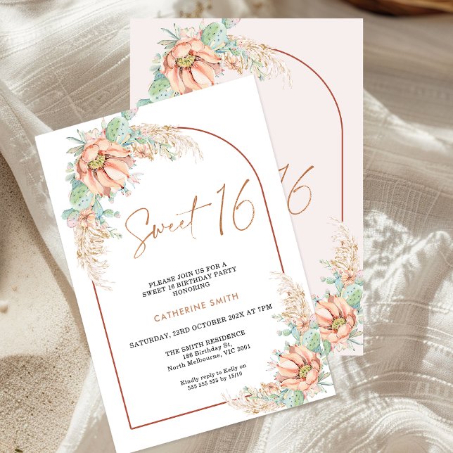 Boho Cactus Pampas Grass Sweet 16 Birthday Invitation (Boho Floral Sweet 16 Birthday Invitation, Modern Arch, pampas Grass, Cactus Floral, 16th Birthday )