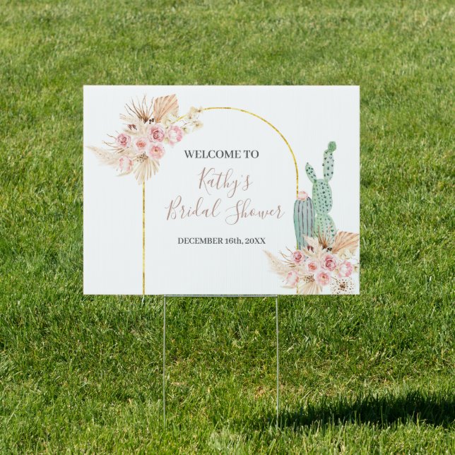 Boho Cactus Pink Floral Welcome Banner Sign (Insitu)