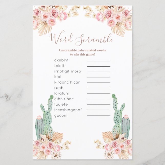 Boho Cactus Pink Floral Word Scramble Game (Front)