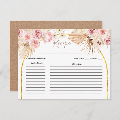 Boho Cactus Pink Flowers Bridal Shower Recipe card