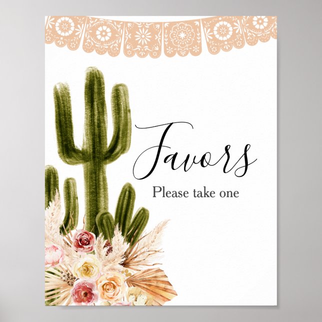 Boho Cactus Pink Flowers Pampas Grass Favor Sign (Front)