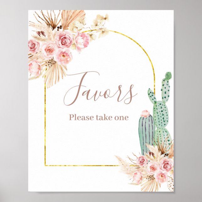 Boho Cactus Pink Flowers Pampas Grass Favor Sign (Front)