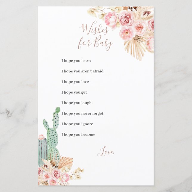 Boho Cactus Pink Flowers Wishes for Baby Game (Front)