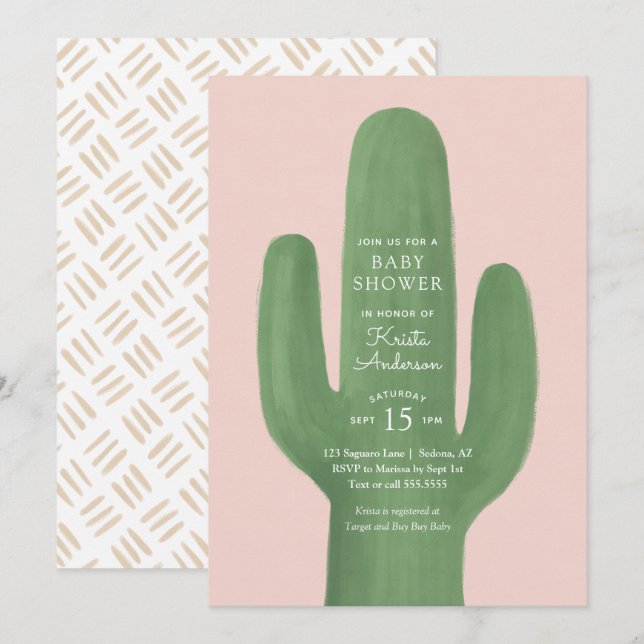 Boho Cactus Pink Gold Girl Baby Shower Invitation (Front/Back)