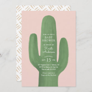 Boho Cactus Pink Gold Girl Baby Shower Invitation