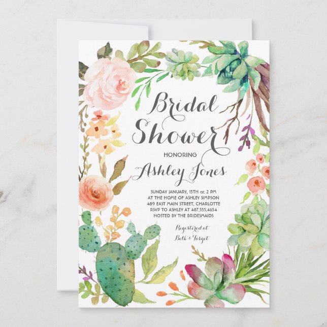 Boho  cactus  succulents Bridal Shower Invitation (Front)