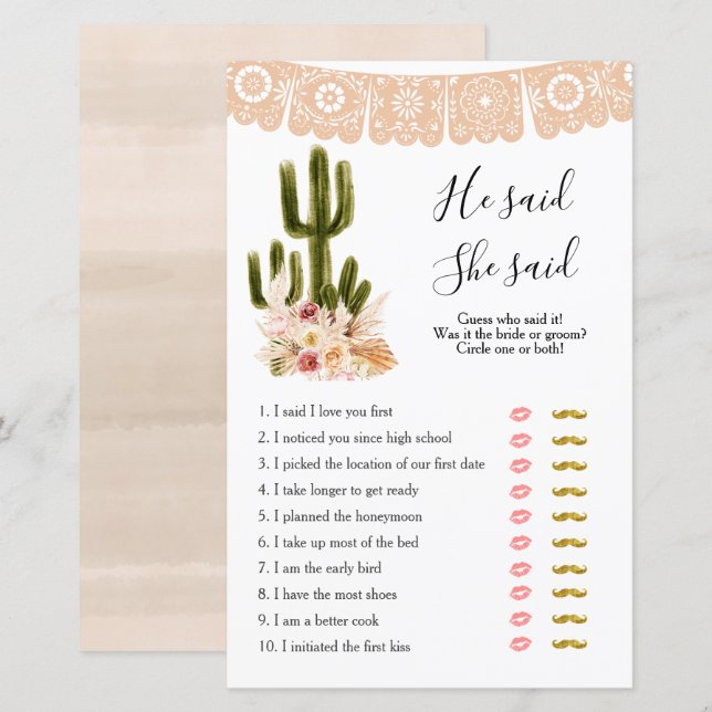 Boho Cactus Taco bout Love He said She said Games  (Front/Back)