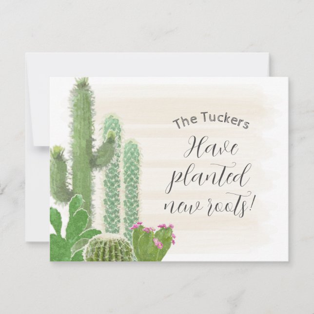 Boho Cactus Watercolor Planted New Roots Moving Note Card (Front)