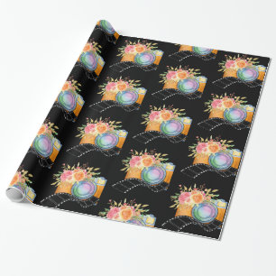 Boho Camera & Florals Watercolor Pattern Wrapping Paper