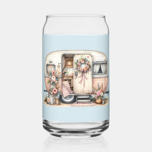 Boho Camper with Floral Wreath & Pastels Pink Can Glass